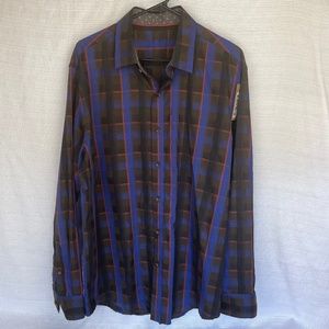 Tasso Elba Mens L 16-16.5 Blue/Orange/Brown Plaid Cotton Long Sleeve Shirt #0243